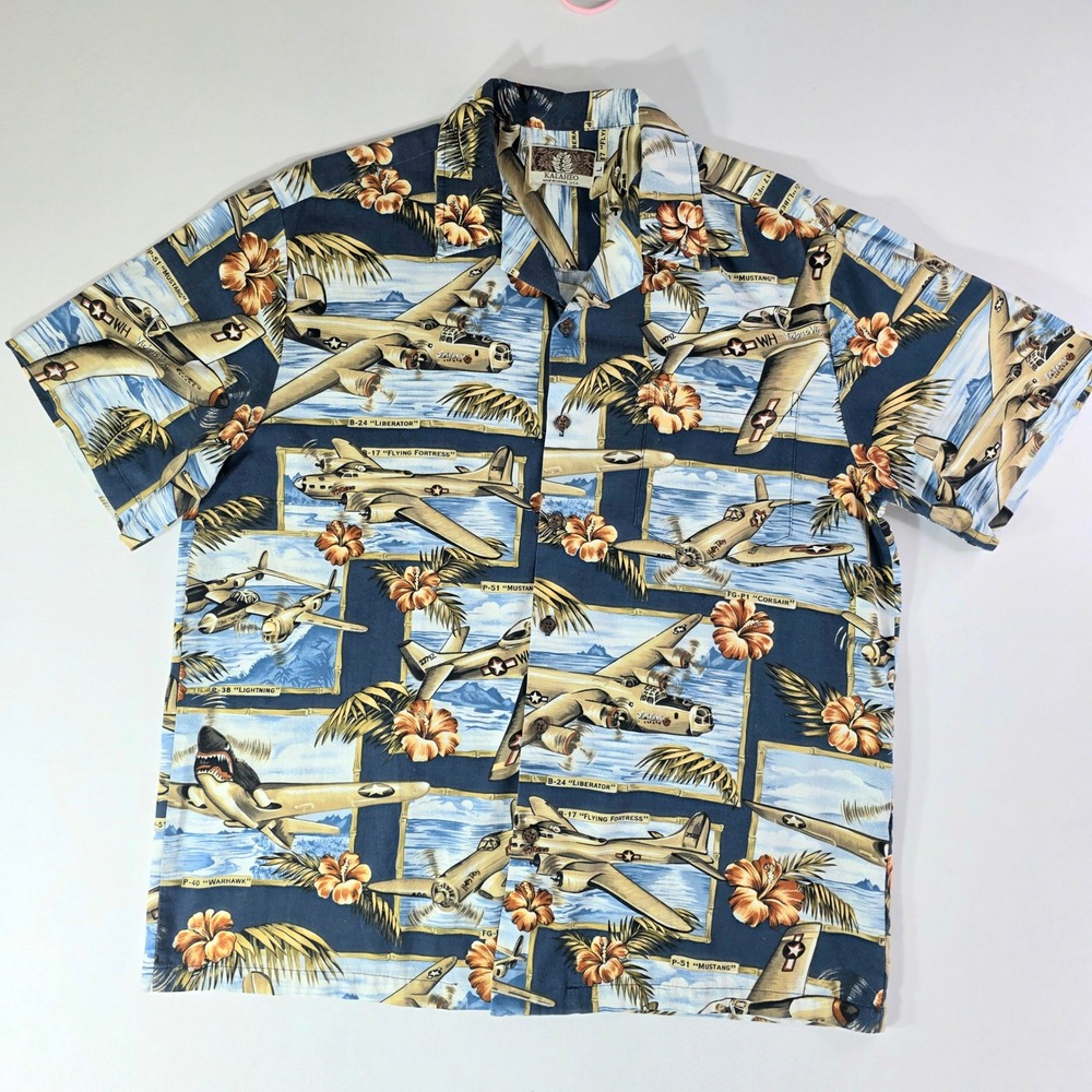 Kalaheo Mens Hawaiian Shirt WWII Military Planes Warbird Blue Cotton Rayon L 250